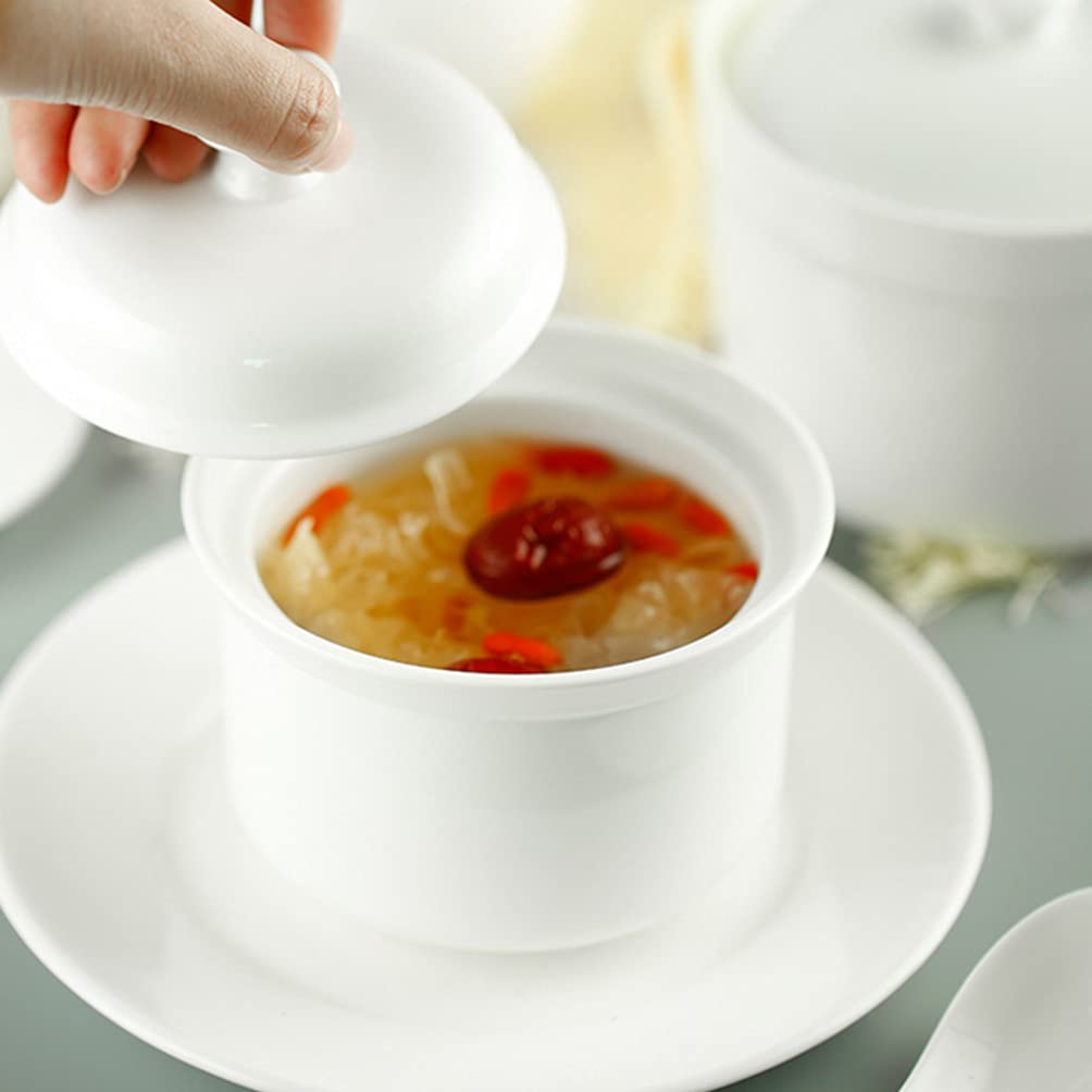 YARNOW Ceramic Stew Pot with Lid Small Steam Soup Bowl Steaming Cup for Home Kitchen Egg Custard Appetizer Bowl Style B, White Style B, 10X10CM