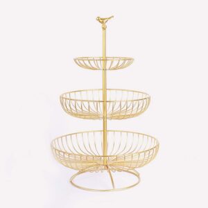 superduo 3-tier fruit basket bowl metal wire countertop vegetable stand holder with top handle-bird shape for kitchen livingroom -golden