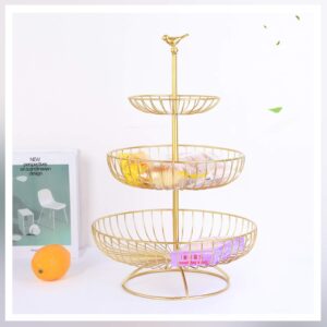 SuperDuo 3-Tier Fruit Basket Bowl Metal Wire Countertop Vegetable Stand Holder with Top Handle-Bird Shape for Kitchen Livingroom -Golden