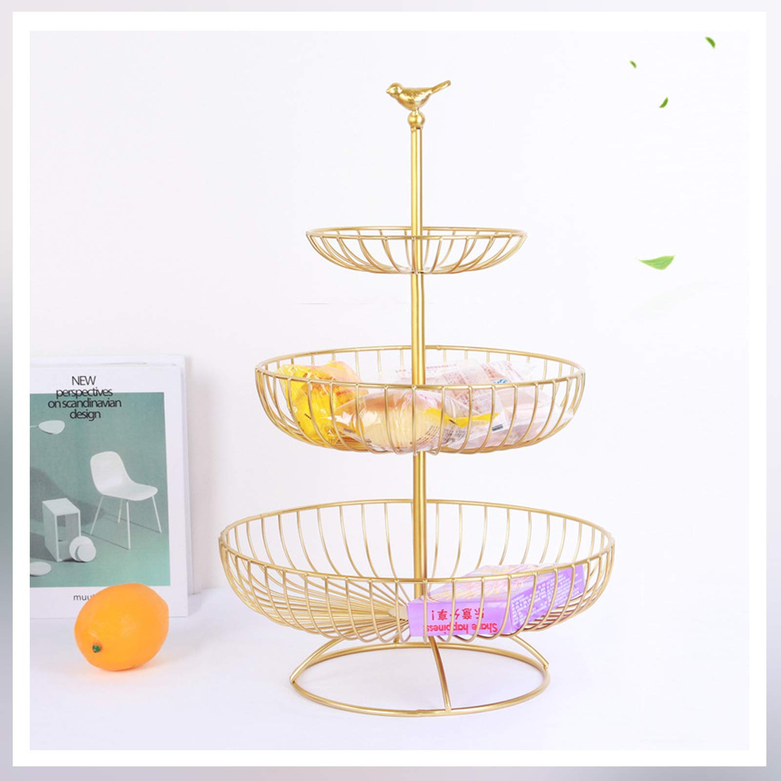 SuperDuo 3-Tier Fruit Basket Bowl Metal Wire Countertop Vegetable Stand Holder with Top Handle-Bird Shape for Kitchen Livingroom -Golden