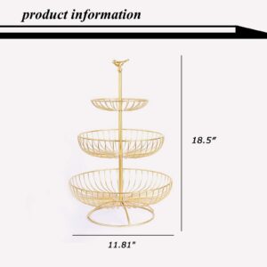 SuperDuo 3-Tier Fruit Basket Bowl Metal Wire Countertop Vegetable Stand Holder with Top Handle-Bird Shape for Kitchen Livingroom -Golden