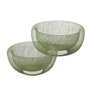 whw whole house worlds iconic modern wire mesh fruit bowls, olive green, set of 2, art museum style, iron, large, 11.5 inches diameter x 6 tall, and 9.5 diameter x 4.75 inches