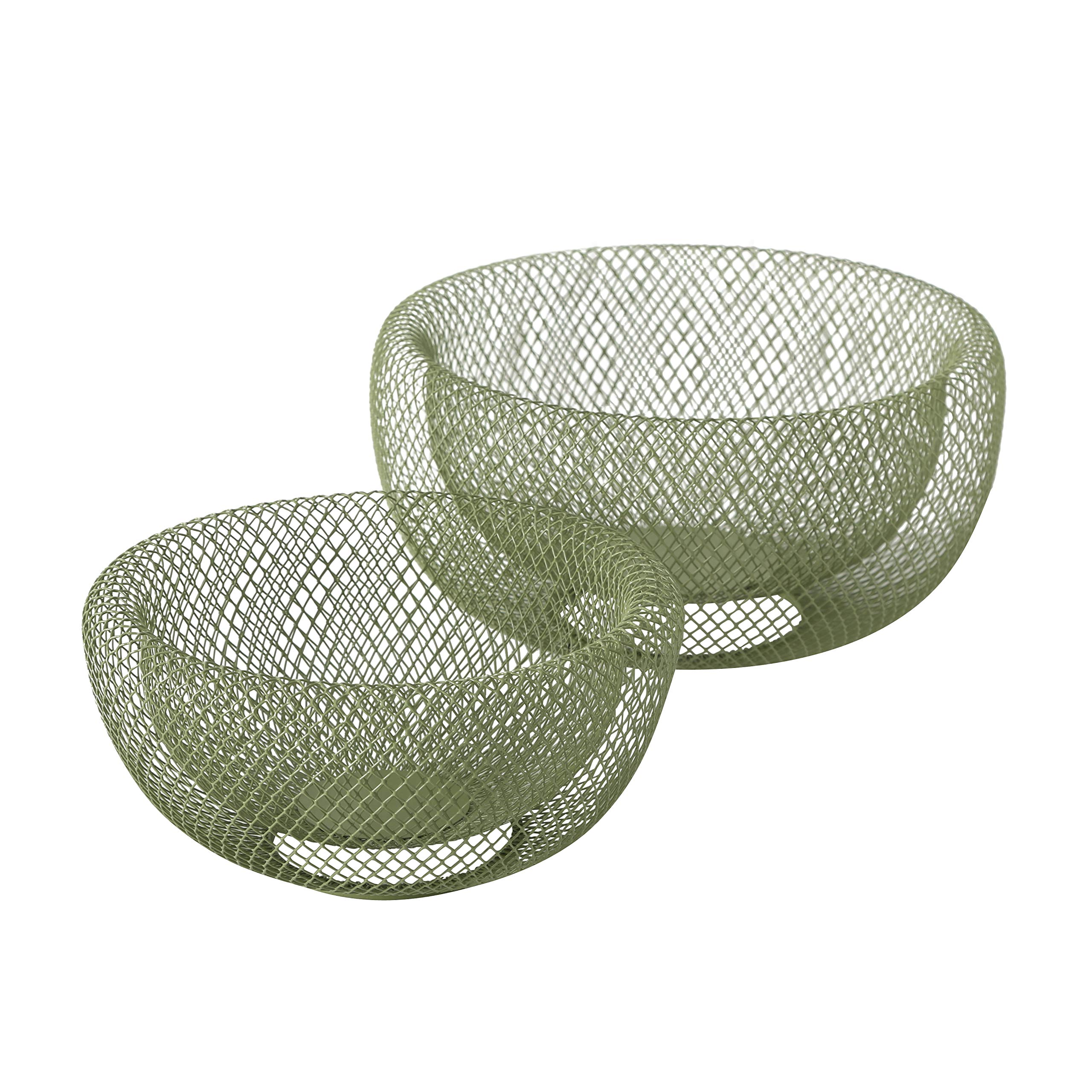 WHW Whole House Worlds Iconic Modern Wire Mesh Fruit Bowls, Olive Green, Set of 2, Art Museum Style, Iron, Large, 11.5 Inches Diameter x 6 Tall, and 9.5 Diameter x 4.75 Inches