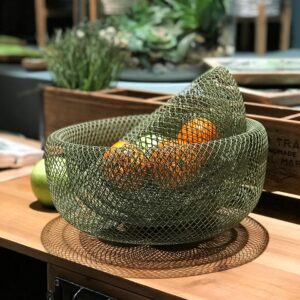 WHW Whole House Worlds Iconic Modern Wire Mesh Fruit Bowls, Olive Green, Set of 2, Art Museum Style, Iron, Large, 11.5 Inches Diameter x 6 Tall, and 9.5 Diameter x 4.75 Inches