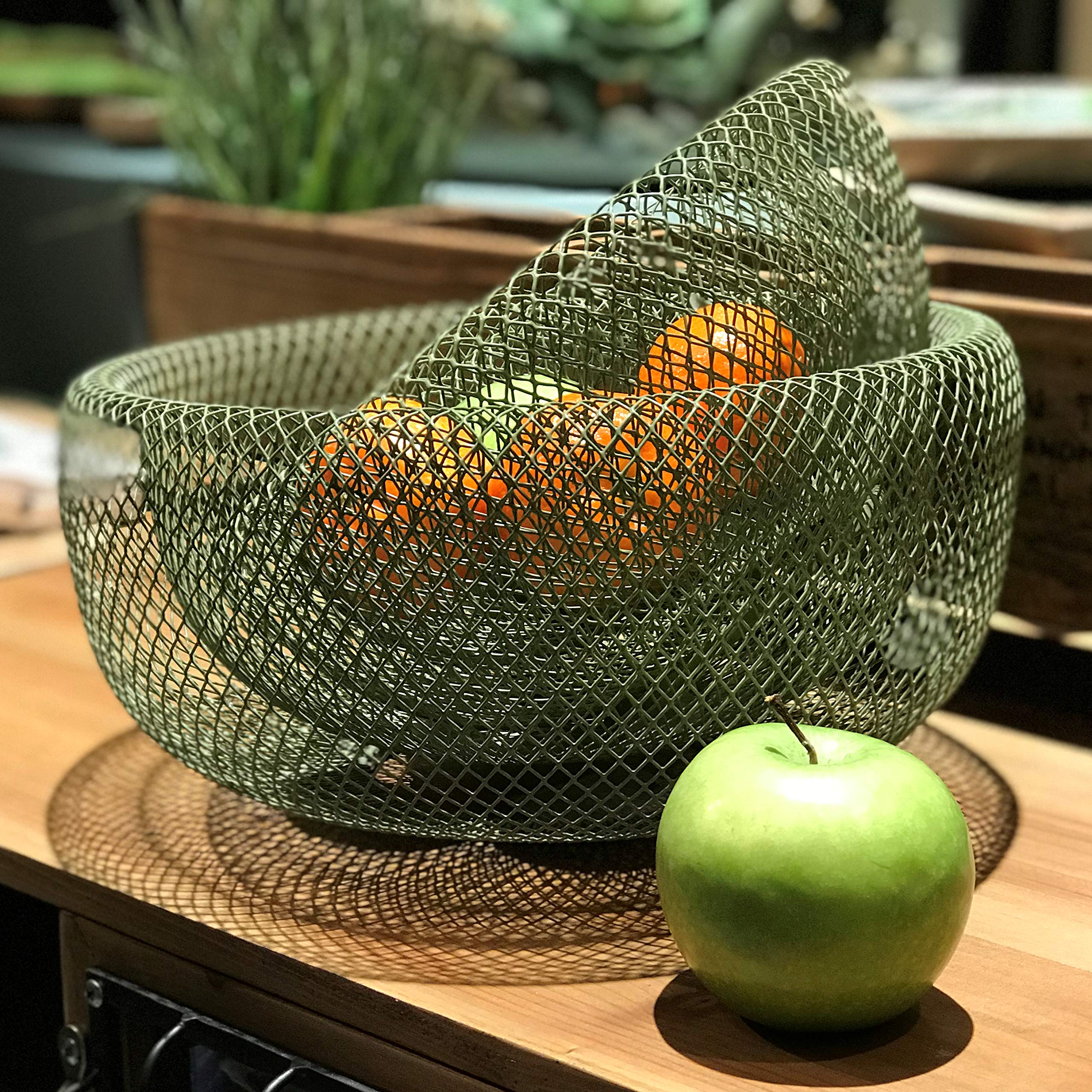 WHW Whole House Worlds Iconic Modern Wire Mesh Fruit Bowls, Olive Green, Set of 2, Art Museum Style, Iron, Large, 11.5 Inches Diameter x 6 Tall, and 9.5 Diameter x 4.75 Inches