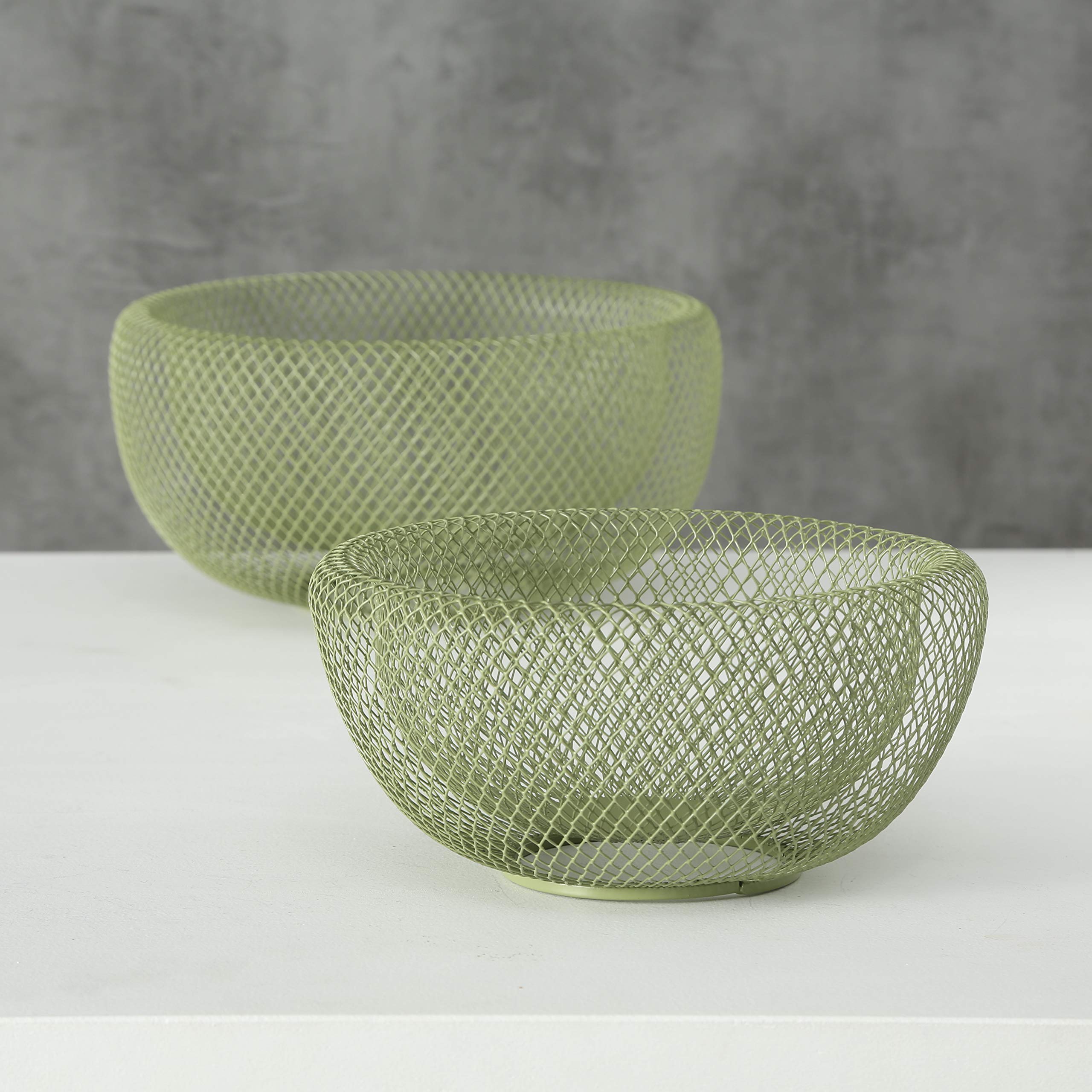 WHW Whole House Worlds Iconic Modern Wire Mesh Fruit Bowls, Olive Green, Set of 2, Art Museum Style, Iron, Large, 11.5 Inches Diameter x 6 Tall, and 9.5 Diameter x 4.75 Inches