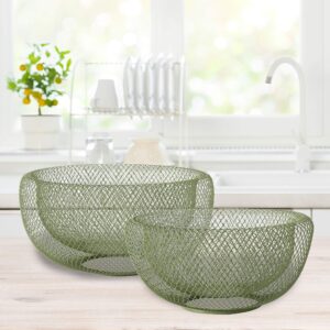 WHW Whole House Worlds Iconic Modern Wire Mesh Fruit Bowls, Olive Green, Set of 2, Art Museum Style, Iron, Large, 11.5 Inches Diameter x 6 Tall, and 9.5 Diameter x 4.75 Inches