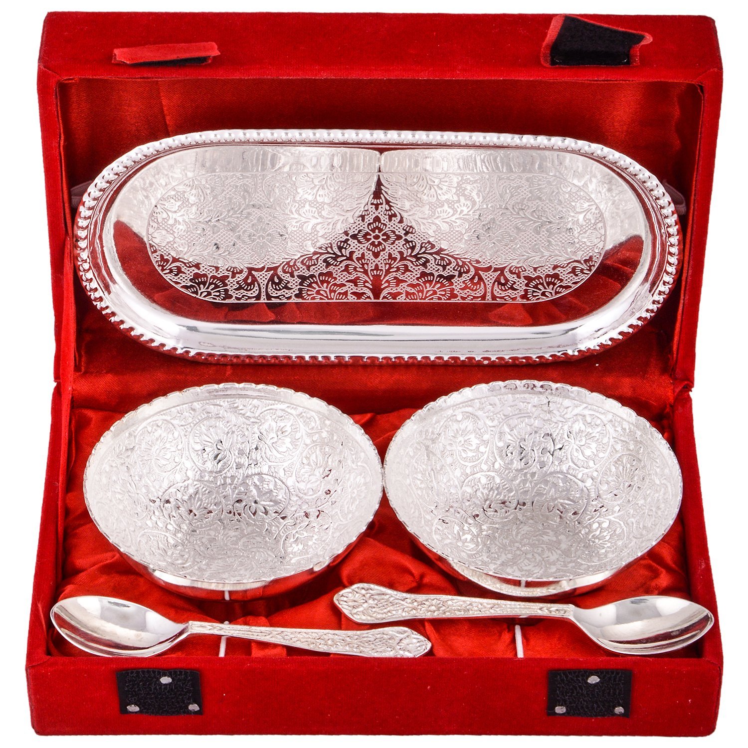 Rastogi Handicrafts Silver Plated round Shaped Bowl and Tray Set Dry Fruit Bowl Set, Diwali, Christmas, Festival Gifts, Set