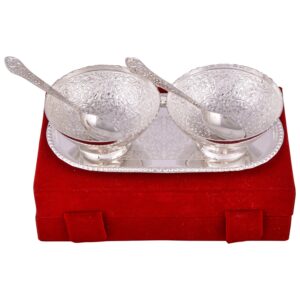 Rastogi Handicrafts Silver Plated round Shaped Bowl and Tray Set Dry Fruit Bowl Set, Diwali, Christmas, Festival Gifts, Set