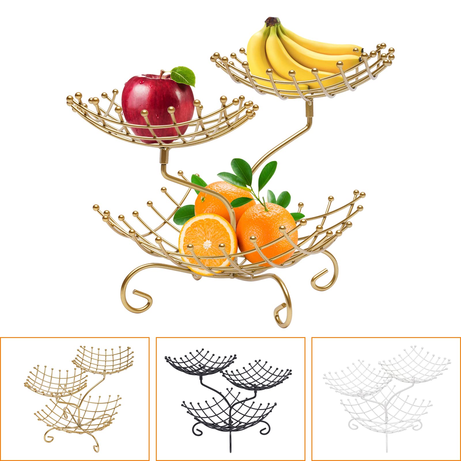 3 Tier Fruit Bowl Stand, Metal Fruit Basket Fruit Rack Countertop Fruit Holder Fruit Snack Storage Baskets Candy Tray Plate (Gold)