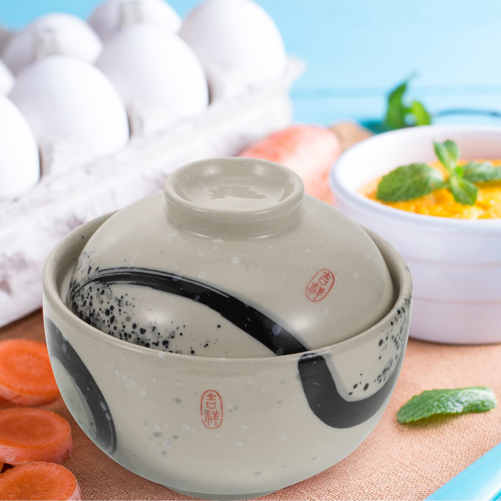 Yardwe Ceramic Bowl with Lid Traditional Japanese Style Soup Bowl Ramen Noodle Soup Rice Bowl with Lid (White)