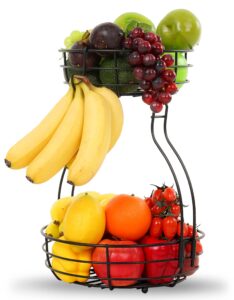 wellcasa 2-tier metal countertop fruit vegetables basket, bread wire basket, fruit storage with banana hanger, black