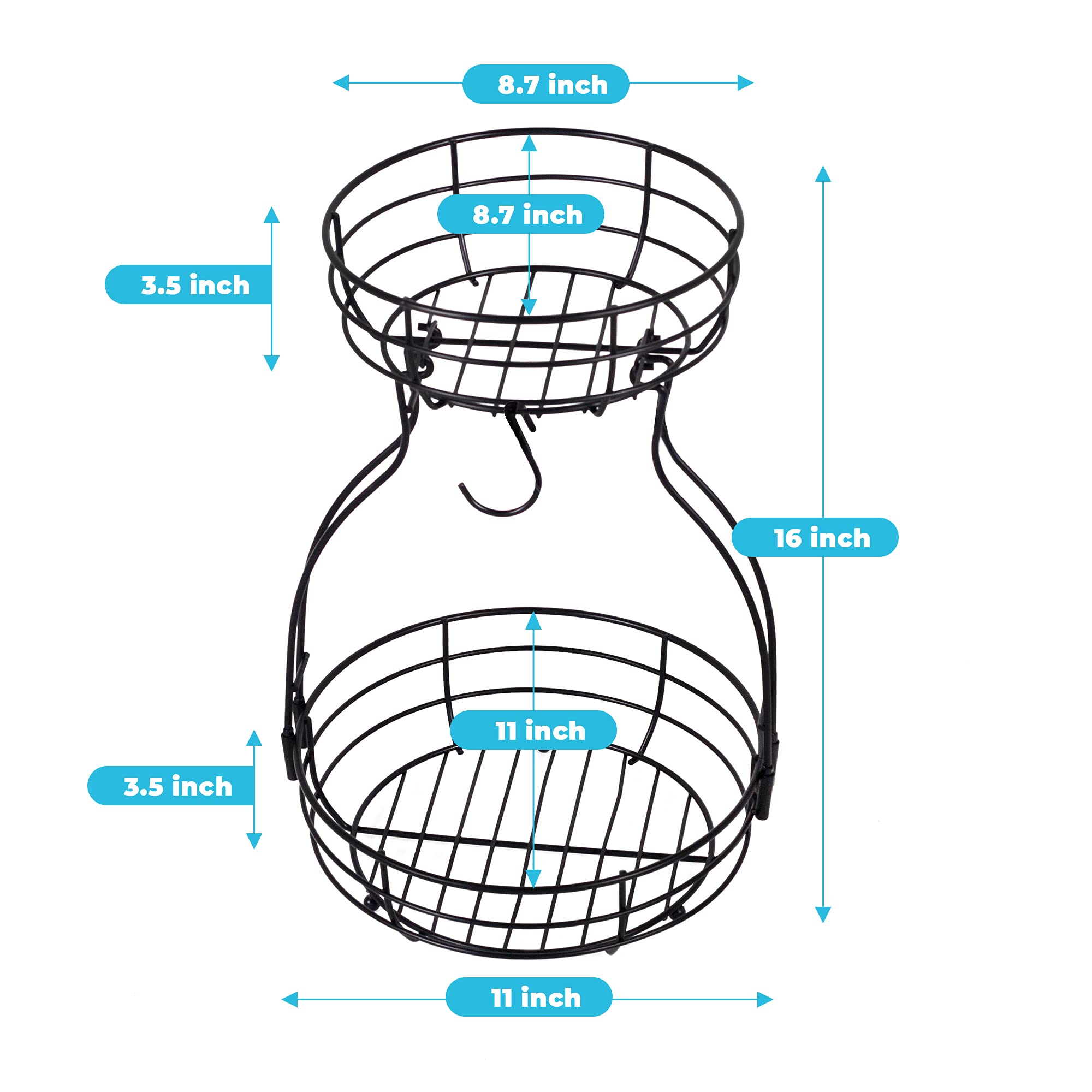 WELLCASA 2-Tier Metal Countertop Fruit Vegetables Basket, Bread Wire Basket, Fruit Storage with Banana Hanger, Black