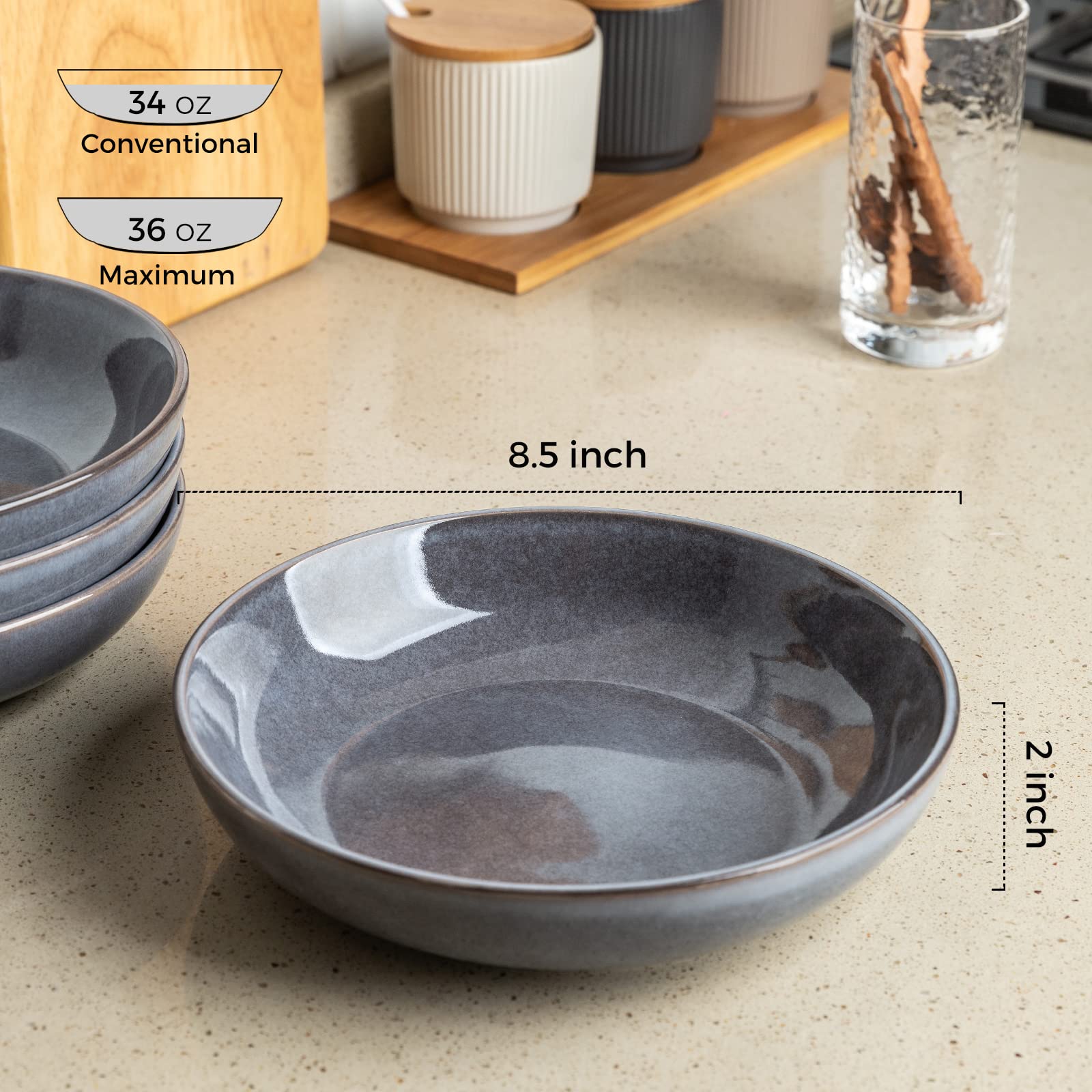 AmorArc Stoneware Bowls Set (10pcs), 8.5 inch Wide and Shallow Pasta Bowls Set of 4 & 26 oz cereal soup bowls set of 6 for kitchen, Microwave and Dishwasher Safe, Grey