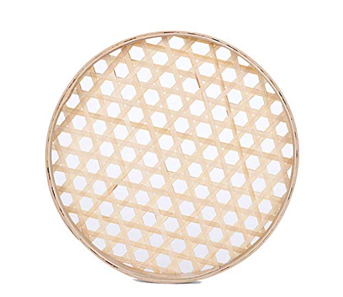 (Only by Bulk)100% Handwoven Flat Wicker Round Fruit Basket Woven Food Storage Weaved Shallow Tray Bin Vegetable Organizer Holder Bowl Decorative Rack Display (Only More Than 5Pcs) (30cm/11.8")