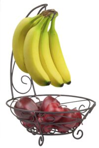 home basics scroll collection steel fruit basket with hanging banana tree, perfect for kitchen countertop & dining room table, bronze