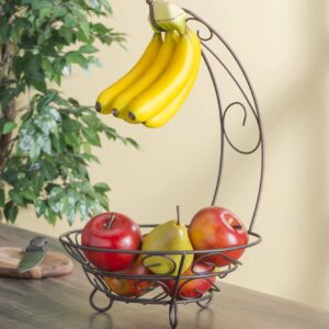 Home Basics Scroll Collection Steel Fruit Basket with Hanging Banana Tree, Perfect for Kitchen Countertop & Dining Room Table, Bronze