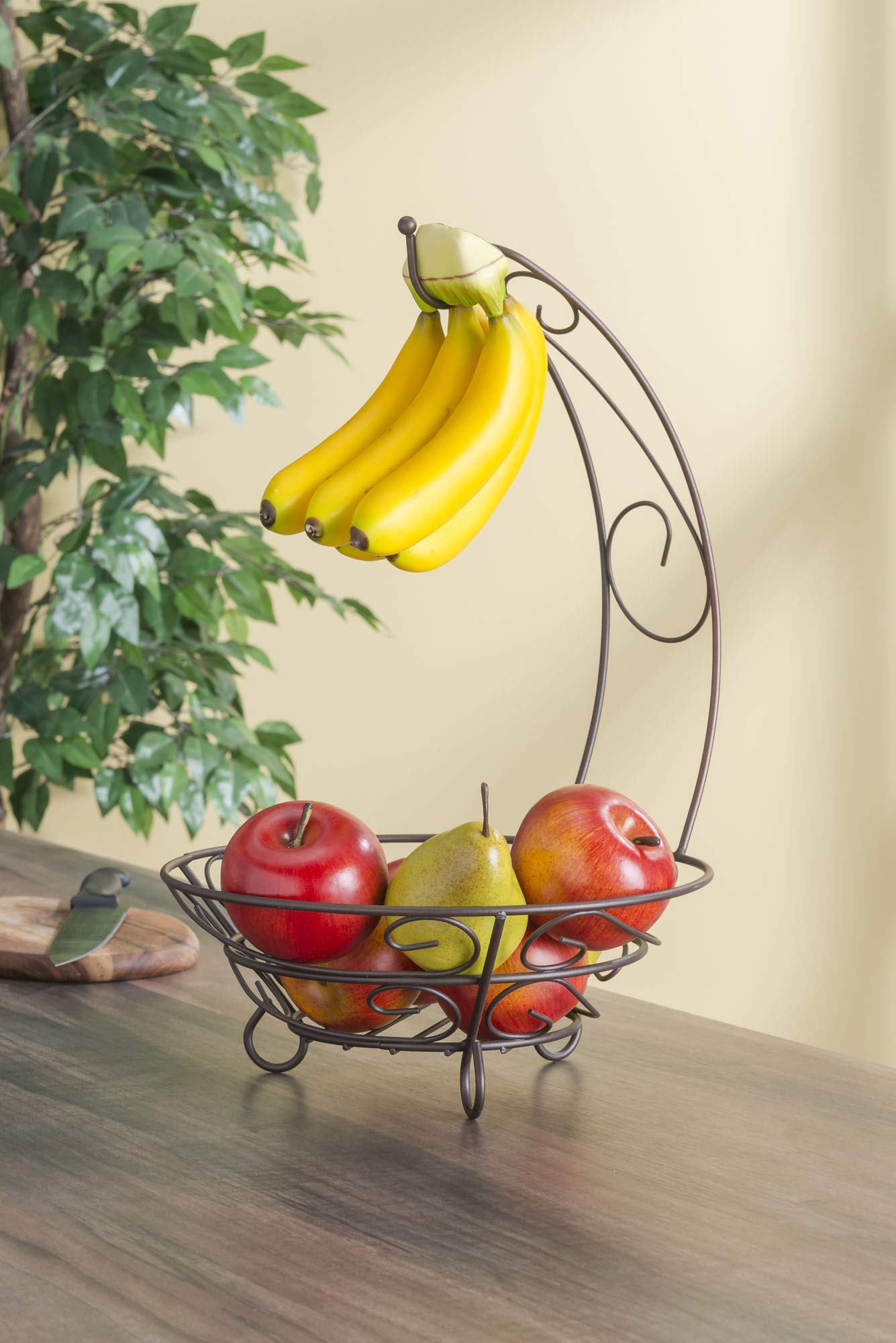 Home Basics Scroll Collection Steel Fruit Basket with Hanging Banana Tree, Perfect for Kitchen Countertop & Dining Room Table, Bronze