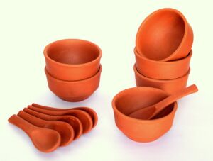 kleo - clay re-usable soup bowls and spoons - set of 12 | terracotta soup bowls set - 3.75" inches - brown