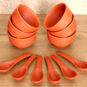 KLEO - Clay Re-usable Soup Bowls and Spoons - Set of 12 | Terracotta Soup Bowls Set - 3.75" Inches - Brown