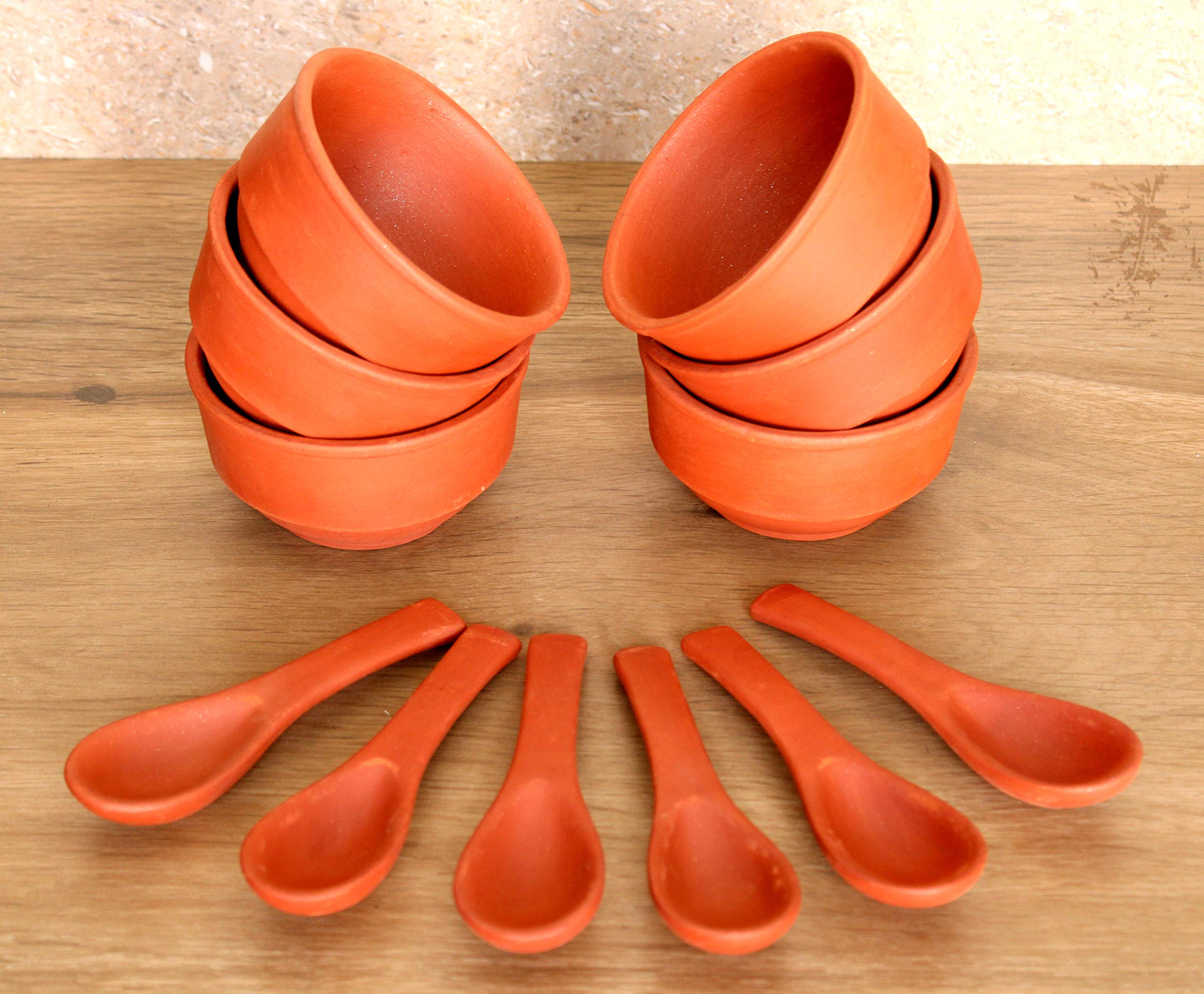 KLEO - Clay Re-usable Soup Bowls and Spoons - Set of 12 | Terracotta Soup Bowls Set - 3.75" Inches - Brown