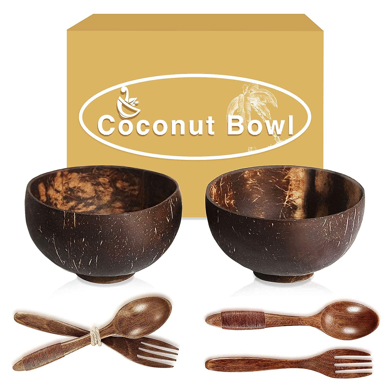 N-Y Coconut Bowl With Wooden Spoons,Wooden Forks,Each 2,Smoothie Bowls,Mask Mixing Bowl Set,Hand Made Crafts,candle bowls,Good Gift for Salad Smoothie Breakfast. Wooden Bowls Set for Children..,Brown,5.5