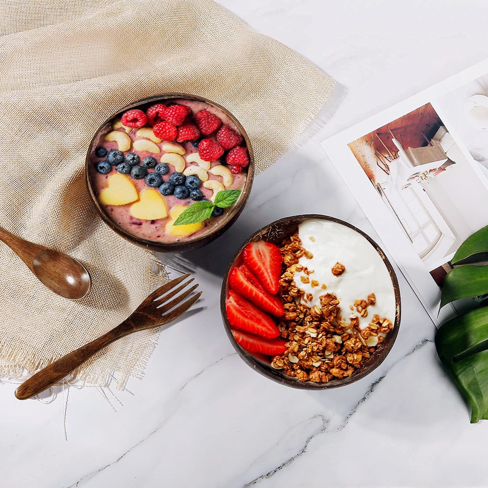 N-Y Coconut Bowl With Wooden Spoons,Wooden Forks,Each 2,Smoothie Bowls,Mask Mixing Bowl Set,Hand Made Crafts,candle bowls,Good Gift for Salad Smoothie Breakfast. Wooden Bowls Set for Children..,Brown,5.5