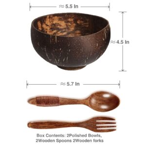 N-Y Coconut Bowl With Wooden Spoons,Wooden Forks,Each 2,Smoothie Bowls,Mask Mixing Bowl Set,Hand Made Crafts,candle bowls,Good Gift for Salad Smoothie Breakfast. Wooden Bowls Set for Children..,Brown,5.5