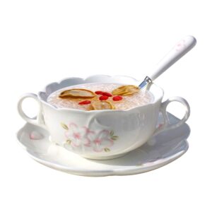 ybk tech breakfast cup bone china porcelain dessert bowls soup mug with saucer and spoon (white)