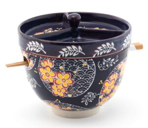 happy sales hsrb-bclby1, multi purpose japanese design ceramic ramen udong soba tempura noodle pho donburi rice tayo bowl with chopsticks and condiment lid 6" d, blue yellow floral