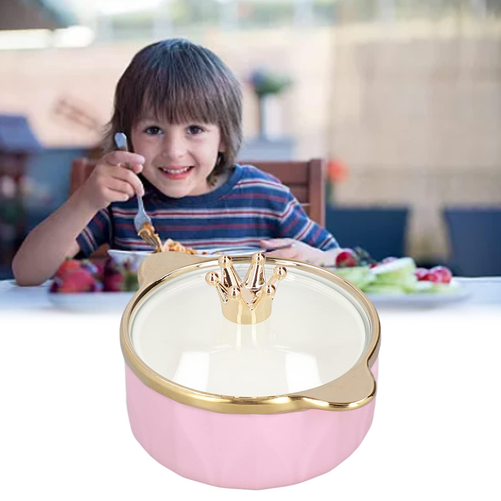 Ceramic Ramen Soup Bowls with Handles, Crown Knob Lid Large Soup Bowl Microwave Ramen Bowl Noodle Bowls with Lid for Office Dorm Room Instant Cooking(Pink)