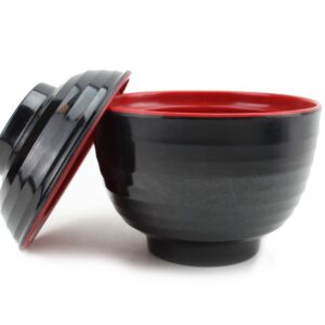 [Set of 4] 味噌湯ボウル Japanese Large Melamine Noodle Soup Bowls and Spoons (Red and Black) Tableware