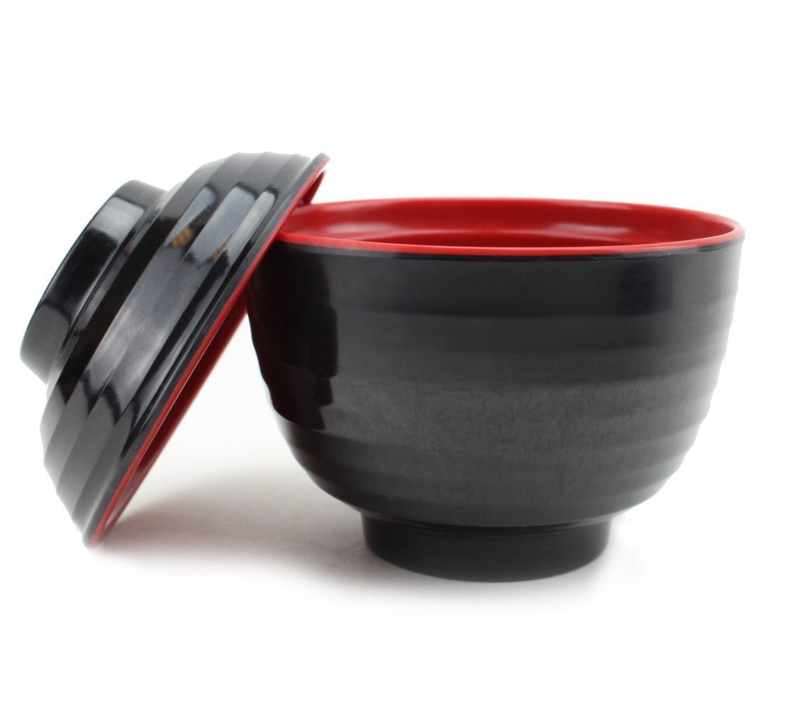 [Set of 4] 味噌湯ボウル Japanese Large Melamine Noodle Soup Bowls and Spoons (Red and Black) Tableware