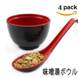 [Set of 4] 味噌湯ボウル Japanese Large Melamine Noodle Soup Bowls and Spoons (Red and Black) Tableware