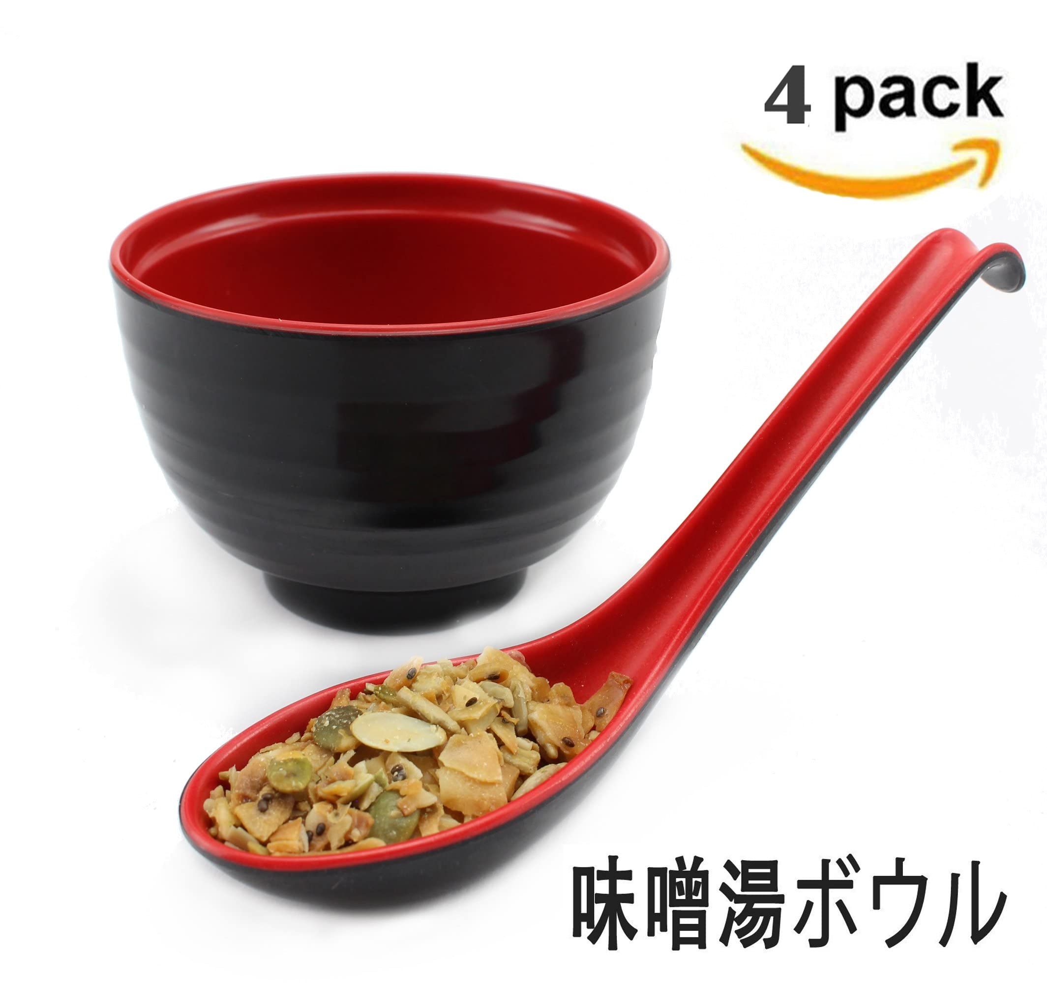 [Set of 4] 味噌湯ボウル Japanese Large Melamine Noodle Soup Bowls and Spoons (Red and Black) Tableware