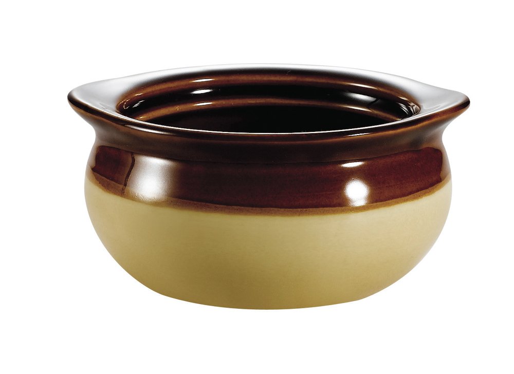 CAC China OC-10-C 10-Ounce Stoneware Round Onion Soup Crock, 4-5/8 by 2-1/4-Inch, Cream/Brown, Box of 24