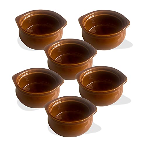 LUXFINA French Onion Soup Crock,Soup Bowl Set for kitchen,Microwave Oven Dishwasher Safe,Ivory ceramic soup bowl (6 Count) - 10 Ounce (Brown)