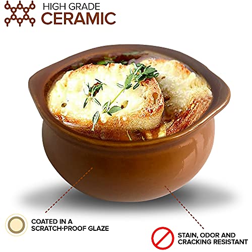 LUXFINA French Onion Soup Crock,Soup Bowl Set for kitchen,Microwave Oven Dishwasher Safe,Ivory ceramic soup bowl (6 Count) - 10 Ounce (Brown)