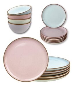 mora ceramic dinner plates, salad plates, cereal bowls bundle. microwave, oven and dishwasher safe, scratch resistant, modern dinnerware - assorted colors