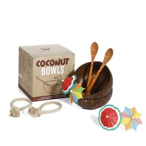 coco's boon upgraded leakproof coconut bowl set. big coconut bowls with spoons, stabilizers, umbrellas. natural coconut bowls for acai bowl, coconut cups hawaiian party shells, wooden smoothie bowls