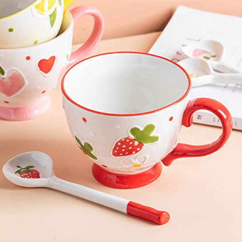 Luxshiny Soup Bowl Soup Bowl Soup Bowl 2pcs Ceramic Milk Mugs with Spoon Strawberry Breakfast Cup Mugs Coffee Cup Oatmeal Mugs For Latte Cappuccino Tea Cocoa Birthday Gifts Soup Mug Soup Mug Soup Mug