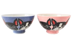mino ware japanese pottery pair rice bowl french bulldog blue & pink made in japan (japan import) mig007