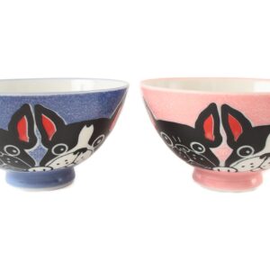 Mino ware Japanese Pottery Pair Rice Bowl French Bulldog Blue & Pink made in Japan (Japan Import) MIG007