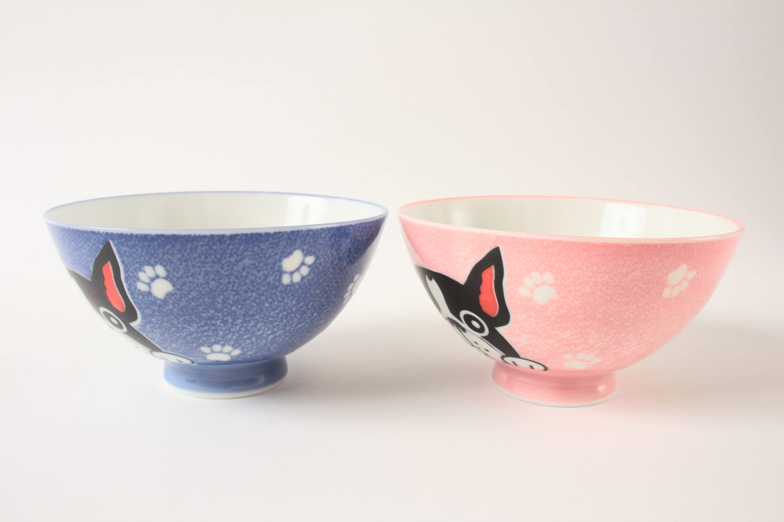 Mino ware Japanese Pottery Pair Rice Bowl French Bulldog Blue & Pink made in Japan (Japan Import) MIG007