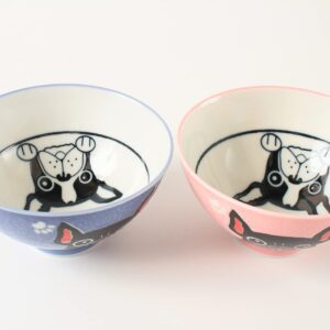 Mino ware Japanese Pottery Pair Rice Bowl French Bulldog Blue & Pink made in Japan (Japan Import) MIG007