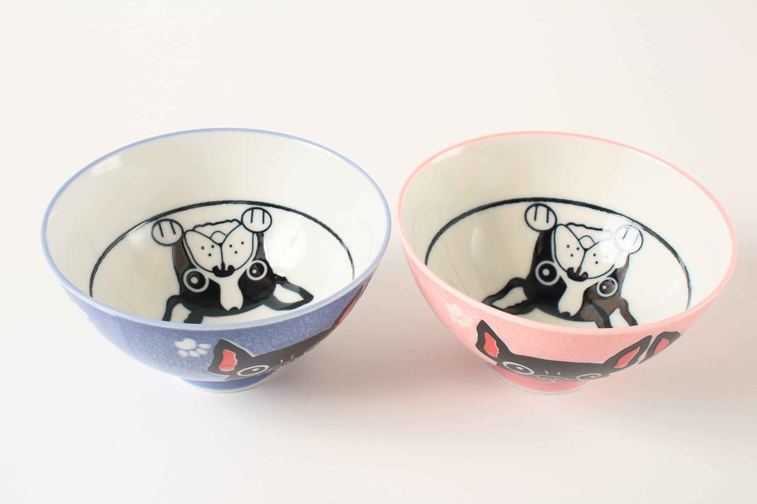 Mino ware Japanese Pottery Pair Rice Bowl French Bulldog Blue & Pink made in Japan (Japan Import) MIG007