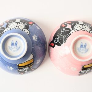 Mino ware Japanese Pottery Pair Rice Bowl French Bulldog Blue & Pink made in Japan (Japan Import) MIG007