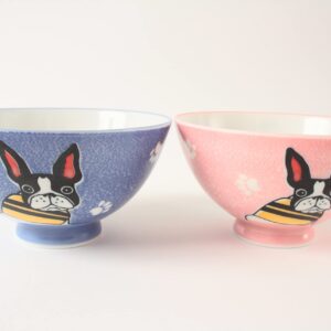 Mino ware Japanese Pottery Pair Rice Bowl French Bulldog Blue & Pink made in Japan (Japan Import) MIG007