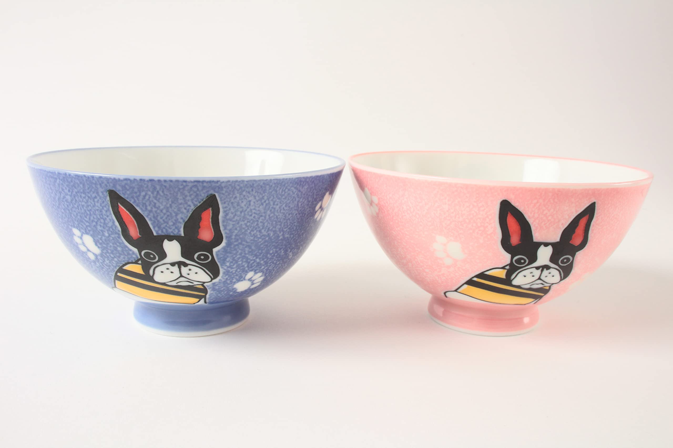 Mino ware Japanese Pottery Pair Rice Bowl French Bulldog Blue & Pink made in Japan (Japan Import) MIG007