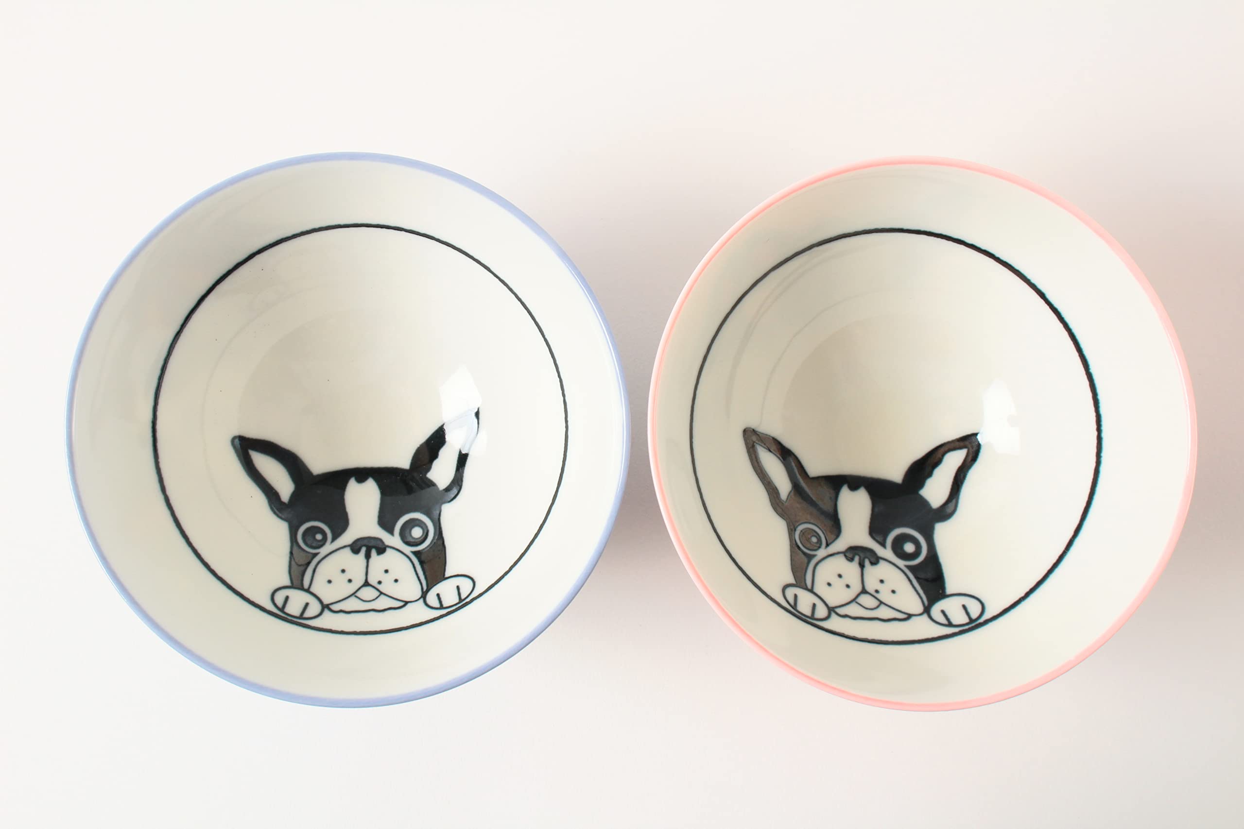 Mino ware Japanese Pottery Pair Rice Bowl French Bulldog Blue & Pink made in Japan (Japan Import) MIG007